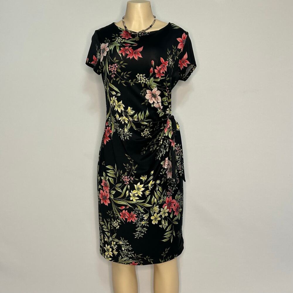 Shelby & Palmer Floral Side Tie Sheath Dress Black Botanical Print Women’s Large